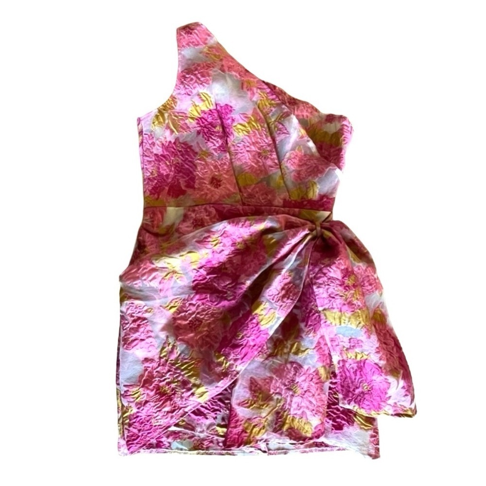 Reverse Brailey One Shoulder Pink Jacquard Wrap Mini Dress Size 10 NWT - Picture 3 of 11